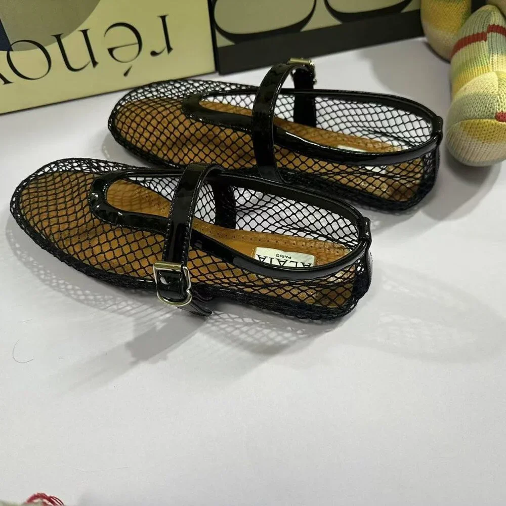 Alaïa Black Patent Leather Mesh Mary Jane Flats